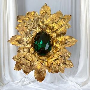 Vintage Emerald Gold Leaf Brooch